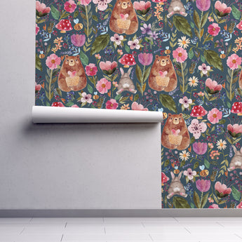 NEW! Peel and Stick Bear and Bunny Floral Flower Nursery Baby Removable Wallpaper