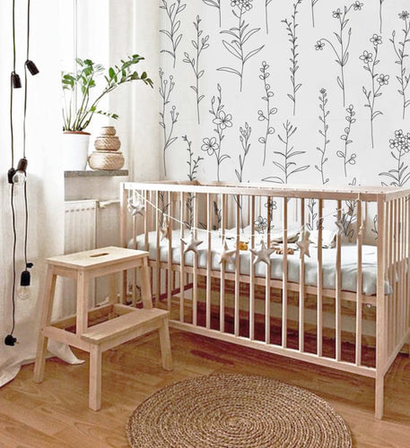 Flower Line Art Illustrated monochrome wall mural - Peel and Stick Wallpaper