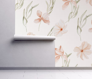 Painted Peach Wildflower Meadow Flowers Peel and Stick Wall Mural - butterfly nursery neutral