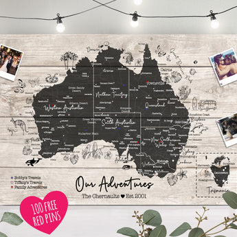 Personalised Map of AUSTRALIA Travel Map Pin Board - Fireflies Designs
