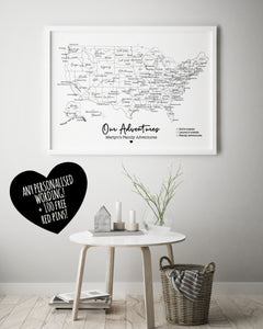 Personalised Map of United States of America USA - World Travel Push Pin Map Framed PLAIN