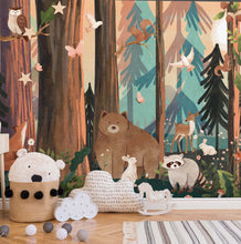  NEW! Peel and Stick or Traditional Woodland Forest Animals Nursery Baby Removable Wallpaper - Trees Bear Mountains Deer Rabbit Flowers Fox