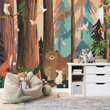  NEW! Peel and Stick or Traditional Woodland Forest Animals Nursery Baby Removable Wallpaper - Trees Bear Mountains Deer Rabbit Flowers Fox