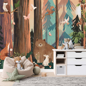  NEW! Peel and Stick or Traditional Woodland Forest Animals Nursery Baby Removable Wallpaper - Trees Bear Mountains Deer Rabbit Flowers Fox
