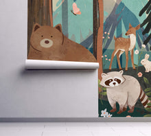  NEW! Peel and Stick or Traditional Woodland Forest Animals Nursery Baby Removable Wallpaper - Trees Bear Mountains Deer Rabbit Flowers Fox