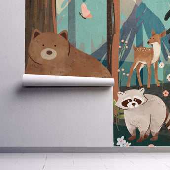  NEW! Peel and Stick or Traditional Woodland Forest Animals Nursery Baby Removable Wallpaper - Trees Bear Mountains Deer Rabbit Flowers Fox