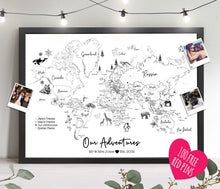 Personalised FRAMED Travel World Map Push Pin-board WITH ANIMALS
