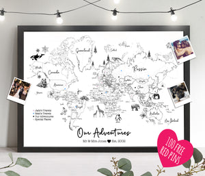 Personalised FRAMED Travel World Map Push Pin-board WITH ANIMALS