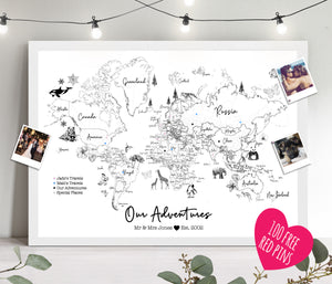 Personalised FRAMED Travel World Map Push Pin-board WITH ANIMALS