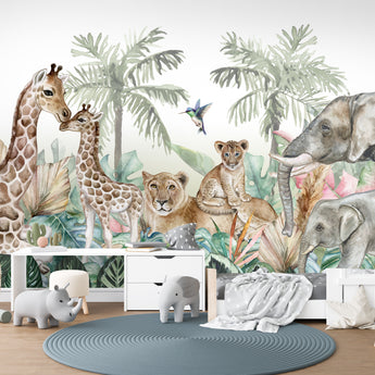 Peel and Stick Jungle Safari Animals Nursery Baby Removable Wallpaper - Lion Cub Elephant Giraffe Parrot 