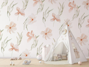 Painted Peach Wildflower Meadow Flowers Peel and Stick Wall Mural - butterfly nursery neutral