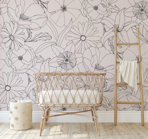 Boho Neutral Drawn Floral Wall Mural - Peel and Stick or Traditional Wallpaper - Girls Flower Bedroom