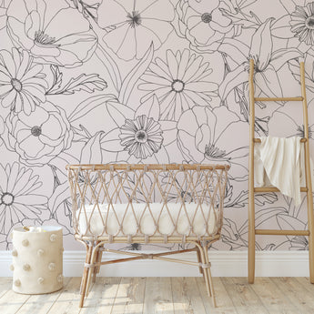 Boho Neutral Drawn Floral Wall Mural - Peel and Stick or Traditional Wallpaper - Girls Flower Bedroom