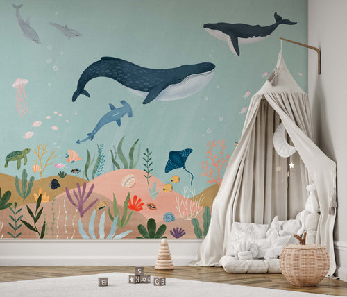NEW! Peel and Stick / Traditional By The Sea Ocean Animals Nursery Baby Boy Removable Wallpaper - Whale Dolphin Fish Seahorse Gender Neutral