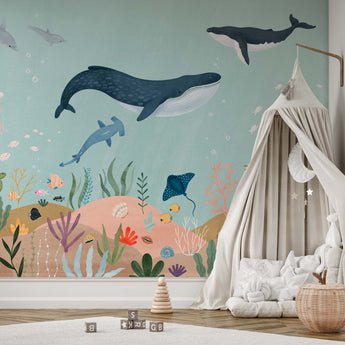 NEW! Peel and Stick / Traditional By The Sea Ocean Animals Nursery Baby Boy Removable Wallpaper - Whale Dolphin Fish Seahorse Gender Neutral