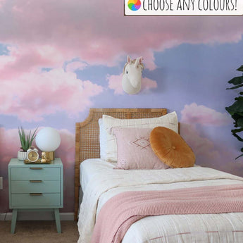 In the Clouds Blush and Blue Wall Mural, Removable Wallpaper, Peel And Stick, Wall Covering, Repositionable, Self adhesive, Wall Decor, Reusable - Fireflies Designs