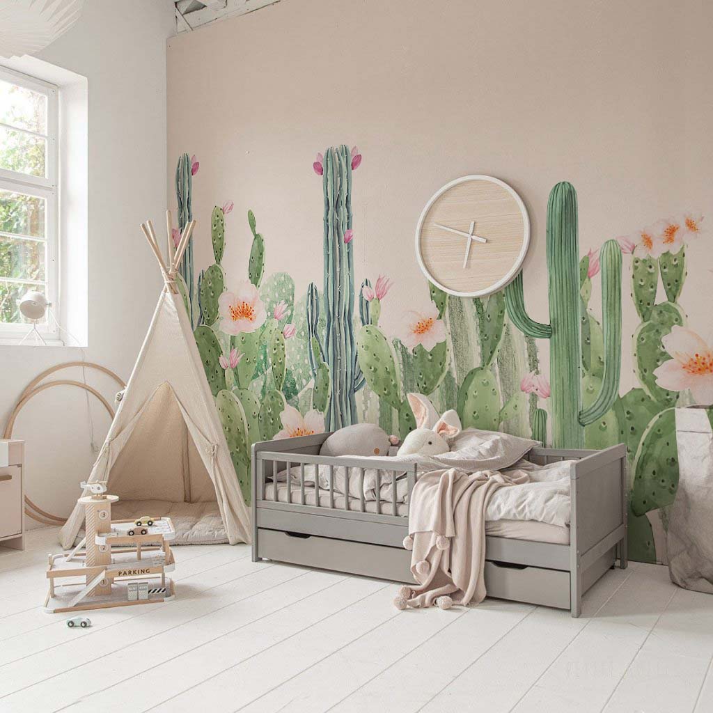 Peel and Stick CACTUS Blossom Wallpaper Watercolour Flower Pink Peach