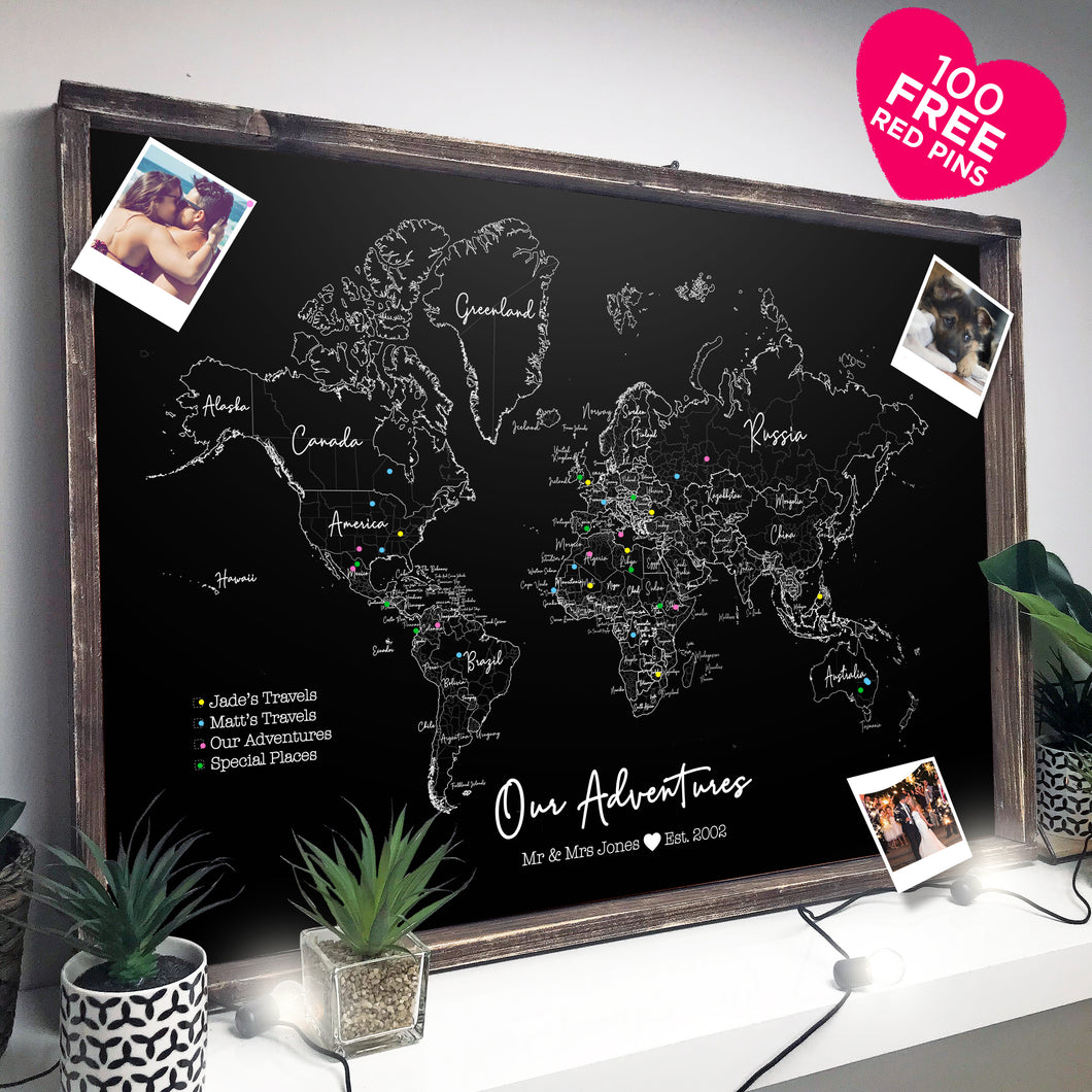 NEW! LARGE ANIMAL Dark Rustic Reclaimed Farmhouse Personalised Word Travel Map Framed
