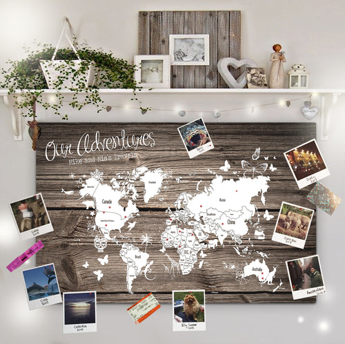 Personalised WORLD Travel Map Pin Board DARK WOOD
