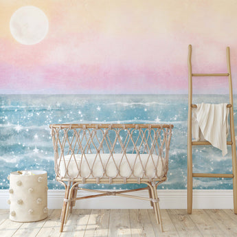 Boho Dreamy Sea and Sky Beach Wallpaper Watercolour -  Pink Blue Pastel Peach Rainbow