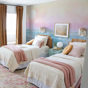 Boho Dreamy Sea and Sky Beach Wallpaper Watercolour -  Pink Blue Pastel Peach Rainbow