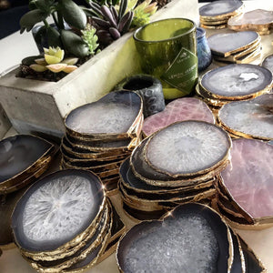 Celestial Natural/Grey/Blues/Natural Quartz & Gold Leaf Crystal Coasters