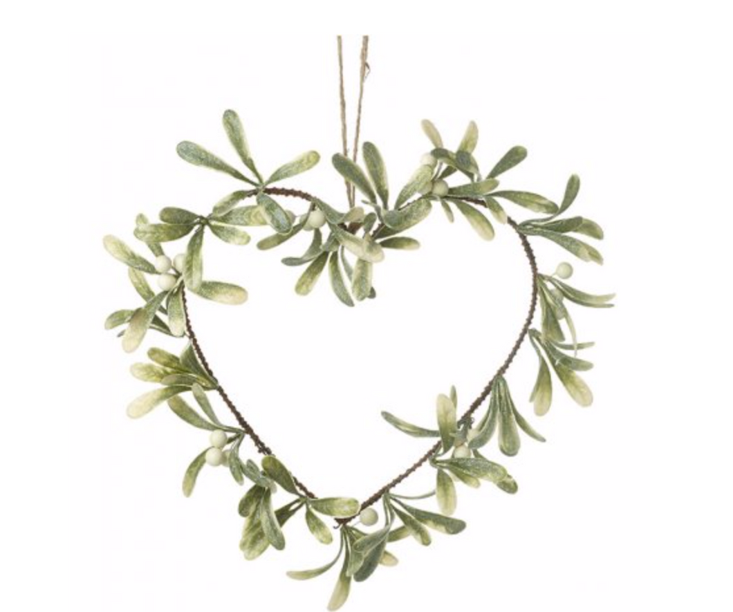 HANGING HEART MISTLETOE WREATH, 25CM