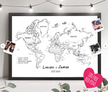 Hand Drawn Personalised FRAMED Travel World Map Push Pin-board