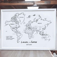 Hand Drawn Personalised FRAMED Travel World Map Push Pin-board