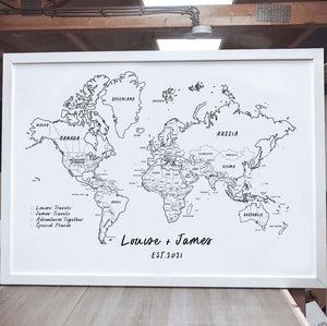 Hand Drawn Personalised FRAMED Travel World Map Push Pin-board