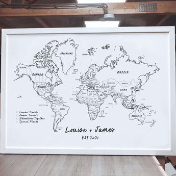 Hand Drawn Personalised FRAMED Travel World Map Push Pin-board