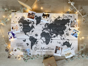 Personalised World Travel Push Pin Map - Wood Effect + Colour Options - 100 free pins Anniversary Gift, Best Unique Christmas Idea