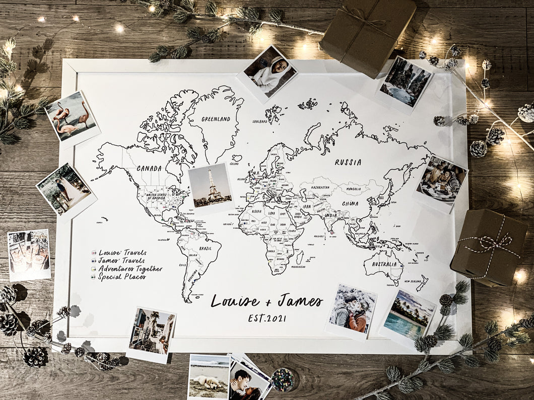 Personalised FRAMED Travel World Map Push Pin-board - Pick a Font