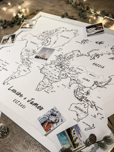 Personalised FRAMED Travel World Map Push Pin-board - Pick a Font! WHITE Print