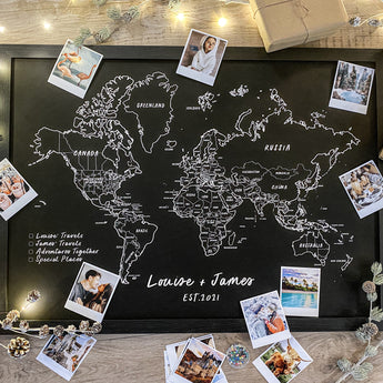 Personalised FRAMED Travel World Map Push Pin-board - Pick a Font! BLACK Print - Fireflies Designs