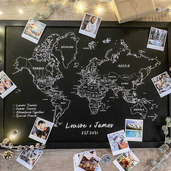 Personalised FRAMED Travel World Map Push Pin-board - Pick a Font! BLACK Print - Fireflies Designs