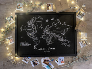 Personalised FRAMED Travel World Map Push Pin-board - Pick a Font! BLACK Print