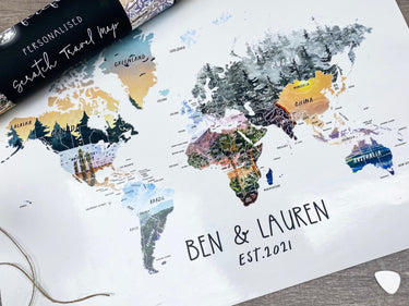 Personalised Scratch Off Map Hand drawn Watercolour World Atlas