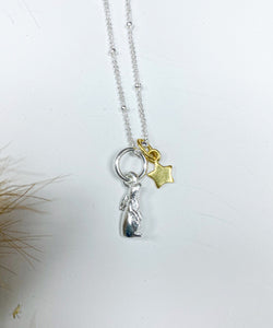 Handmade Celestial Star Gazing Hare Satellite Necklace - Silver rabbit with gold star.  My beautiful Celestial Star Gazing Hare necklace was made by myself as I love all things celestial and I absolutely love natural gemstones and crystal.   sterling silver with 18" gold plated necklace.