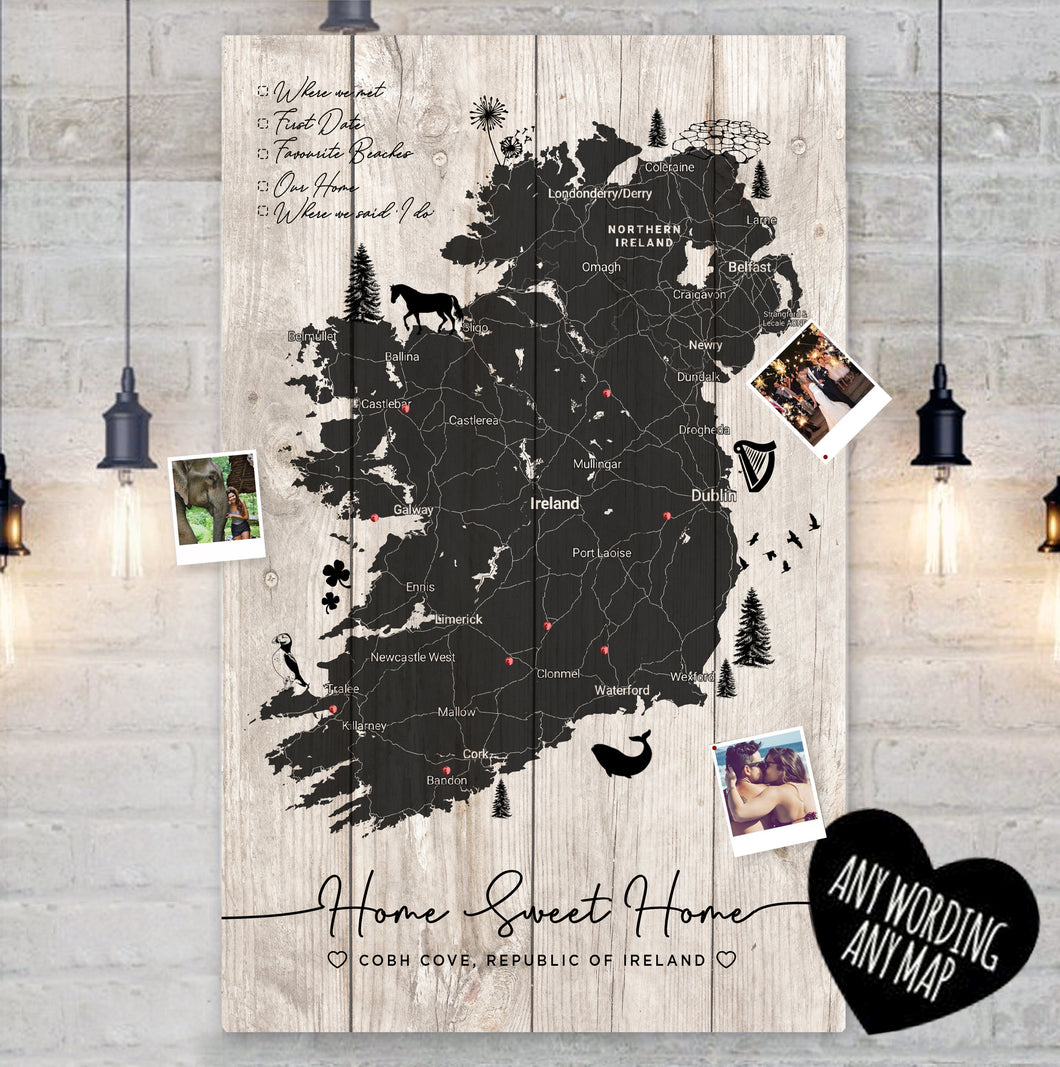 Personalised Travel Map of Ireland Pin Cork Board