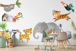 Jungle Animal Wall Peel and Stick Removable Decals Watercolour - TIGER ELEPHANT LEOPARD PARROT
