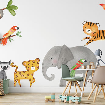 Jungle Animal Wall Peel and Stick Removable Decals Watercolour - TIGER ELEPHANT LEOPARD PARROT - Fireflies Designs