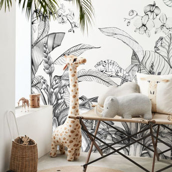 Removable Jungle Animal Elephant Giraffe Parrot Nursery Wallpaper Temporary Peel and Stick - Tropical Animal Patterns