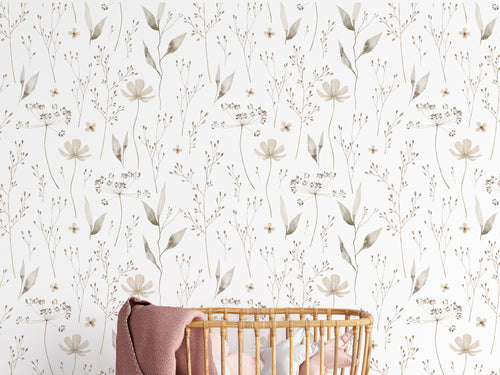 Painted Wildflower Meadow Flowers Peel and Stick Wall Mural - blush nursery neutral