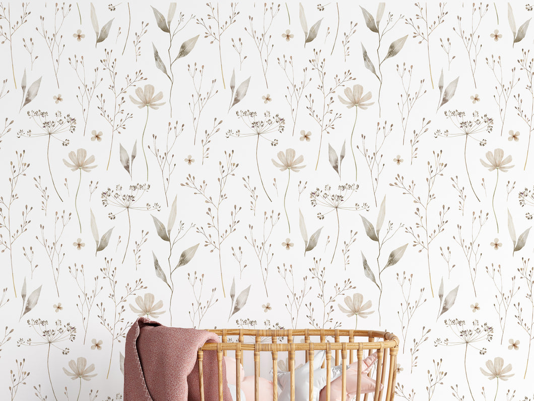 Painted Wildflower Meadow Flowers Peel and Stick Wall Mural - blush nursery neutral
