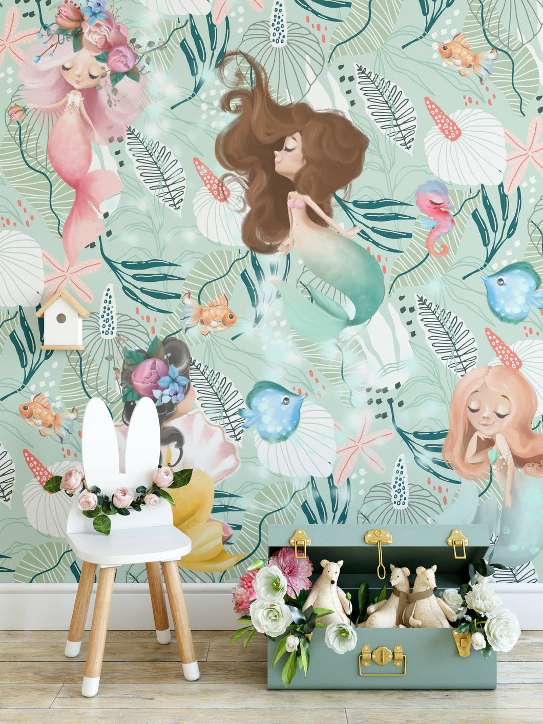 Under the Sea Ocean MERMAIDS Starfish Wall Mural, Removable Wallpaper, Peel And Stick, Wall Covering, Repositionable, Self adhesive