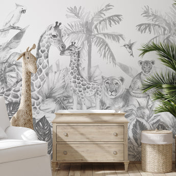 Monochrome Black and White Peel and Stick Jungle Safari Animals Nursery Baby Removable Wallpaper Wall Mural - Lion Cub Elephant Giraffe - Fireflies Designs