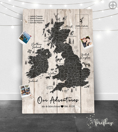 Personalised UNITED KINGDOM UK Travel Map Pin Board
