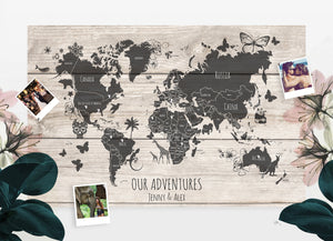 Personalised WORLD Travel World Map Pin Board DIFFERENT FONT