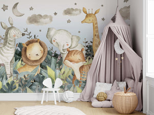 NEW! Peel and Stick Jungle Safari Animals Nursery Baby Removable Wallpaper - Lion Cub Elephant Giraffe Parrot